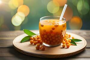 sea buckthorn juice on wooden table with bokeh background. AI-Generated photo