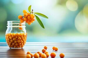 sea buckthorn berries in a jar on a wooden table. AI-Generated photo