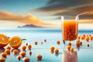 orange juice and oranges on the beach with a sunset. AI-Generated photo