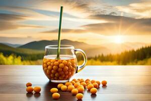 naranja jugo en un vaso con un Paja en un mesa con un montaña vista. generado por ai foto