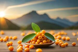 sea buckthorn berries in a bowl on a wooden table with mountains in the background. AI-Generated photo