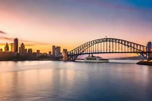 Sydney puerto puente a puesta de sol. generado por ai foto