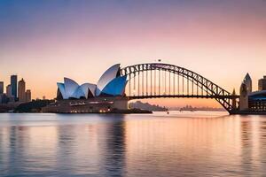 el Sydney ópera casa y puente a puesta de sol. generado por ai foto