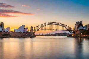 the sydney opera house and bridge at sunset. AI-Generated photo