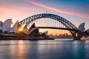 el Sydney ópera casa y puente a puesta de sol. generado por ai foto