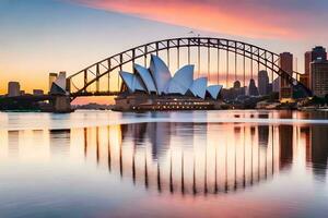 el Sydney ópera casa y el ciudad horizonte a puesta de sol. generado por ai foto
