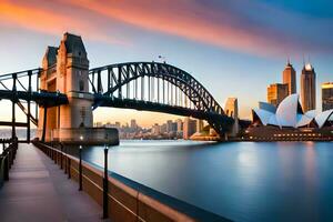 Sydney puerto puente y ópera casa a puesta de sol. generado por ai foto