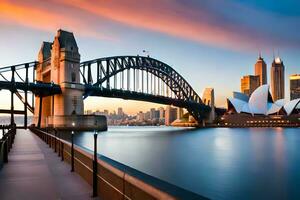 sydney harbour bridge and opera house at sunset. AI-Generated photo