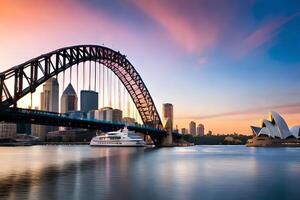 Sydney puerto puente y Sydney ópera casa a puesta de sol. generado por ai foto