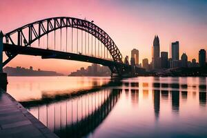 Sydney puerto puente a puesta de sol. generado por ai foto