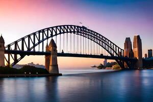 el Sydney puerto puente a puesta de sol. generado por ai foto