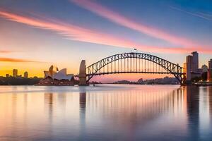 the sydney opera house and the sydney harbour bridge at sunset. AI-Generated photo