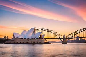 Sydney ópera casa y Sydney puente a puesta de sol. generado por ai foto