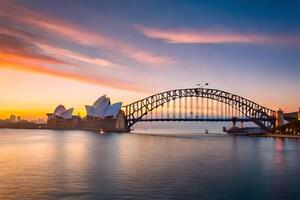 el Sydney ópera casa y puente a puesta de sol. generado por ai foto