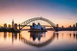 el Sydney ópera casa y Sydney puente a puesta de sol. generado por ai foto