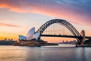 el Sydney ópera casa y puente a puesta de sol. generado por ai foto