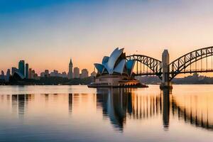 Sydney horizonte a puesta de sol con el ópera casa y puente. generado por ai foto