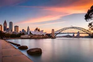 el Sydney horizonte a puesta de sol con el ópera casa en el primer plano. generado por ai foto