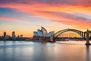 el Sydney ópera casa y puente a puesta de sol. generado por ai foto