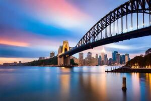 Sydney puerto puente a puesta de sol. generado por ai foto