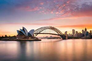 sydney opera house and sydney bridge at sunset. AI-Generated photo