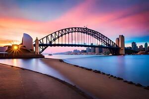 el Sydney puerto puente a puesta de sol. generado por ai foto