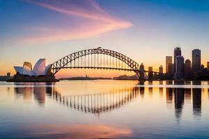 el Sydney puerto puente y el ciudad horizonte a puesta de sol. generado por ai foto