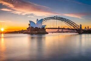 el Sydney ópera casa y puente a puesta de sol. generado por ai foto