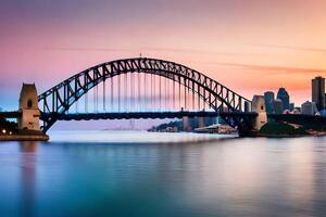 el Sydney puerto puente a puesta de sol. generado por ai foto