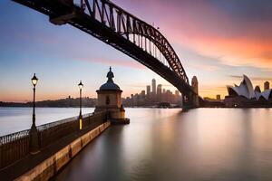 el Sydney puerto puente a puesta de sol. generado por ai foto