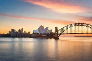 el Sydney ópera casa y puente a puesta de sol. generado por ai foto