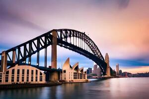 el Sydney puerto puente a puesta de sol. generado por ai foto