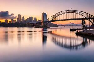 Sydney puerto puente a puesta de sol. generado por ai foto