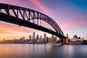 Sydney puerto puente a puesta de sol. generado por ai foto