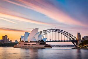 el Sydney ópera casa y Sydney puente a puesta de sol. generado por ai foto