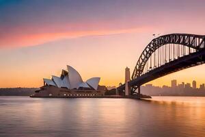 Sydney ópera casa y puente a puesta de sol. generado por ai foto