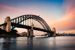 el Sydney puerto puente a puesta de sol. generado por ai foto