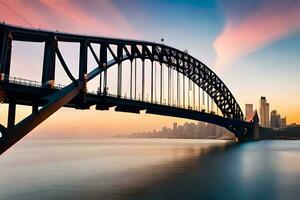Sydney puerto puente a puesta de sol. generado por ai foto