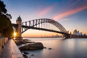 the sydney harbour bridge at sunset. AI-Generated photo