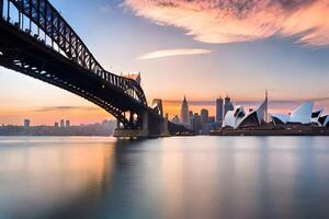 sydney skyline at sunset with the opera house and bridge. AI-Generated photo