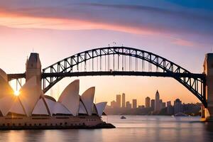 sydney opera house and bridge at sunset. AI-Generated photo