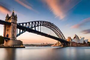 the sydney harbour bridge and opera house at sunset. AI-Generated photo