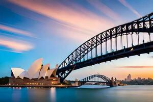 the sydney opera house and bridge at sunset. AI-Generated photo