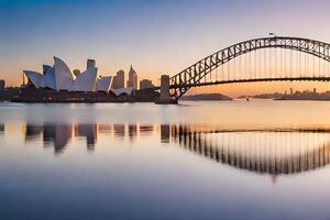 Sydney puerto puente y ópera casa a puesta de sol. generado por ai foto