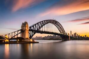 el Sydney puerto puente a puesta de sol. generado por ai foto