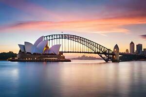 el Sydney ópera casa y puente a puesta de sol. generado por ai foto