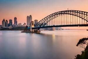 Sydney puerto puente a puesta de sol. generado por ai foto