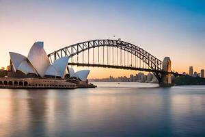 el Sydney ópera casa y puente a puesta de sol. generado por ai foto