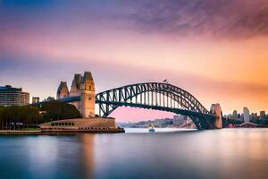 el Sydney puerto puente a puesta de sol. generado por ai foto