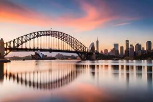 sydney skyline at sunset with the harbour bridge in the foreground. AI-Generated photo